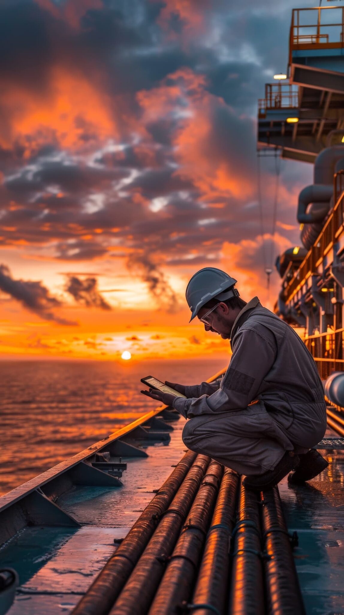 Offshore-medarbejder der gennemgår HSE-dokumentation på et tankskib ved solnedgang