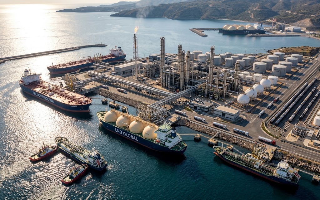 Raffinaderi og LNG-terminal med tankskibe
