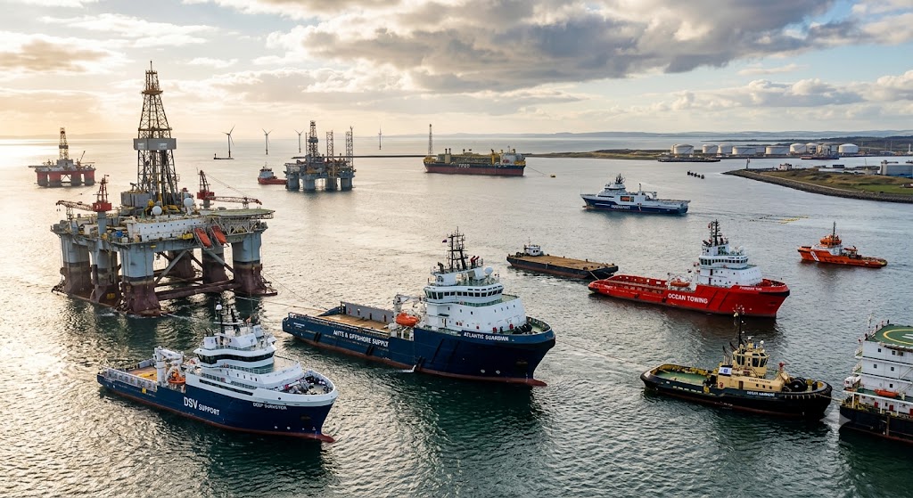 Offshoreplatform med forsyningsskibe og slæbebåde