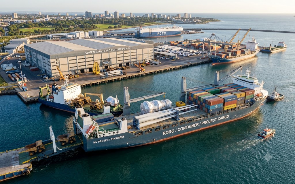 RoRo-, container- og projektlastskib i havn