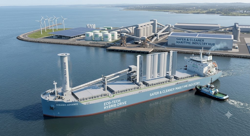 Miljøvenligt hybrid-lastskib i en bæredygtig maritim havn